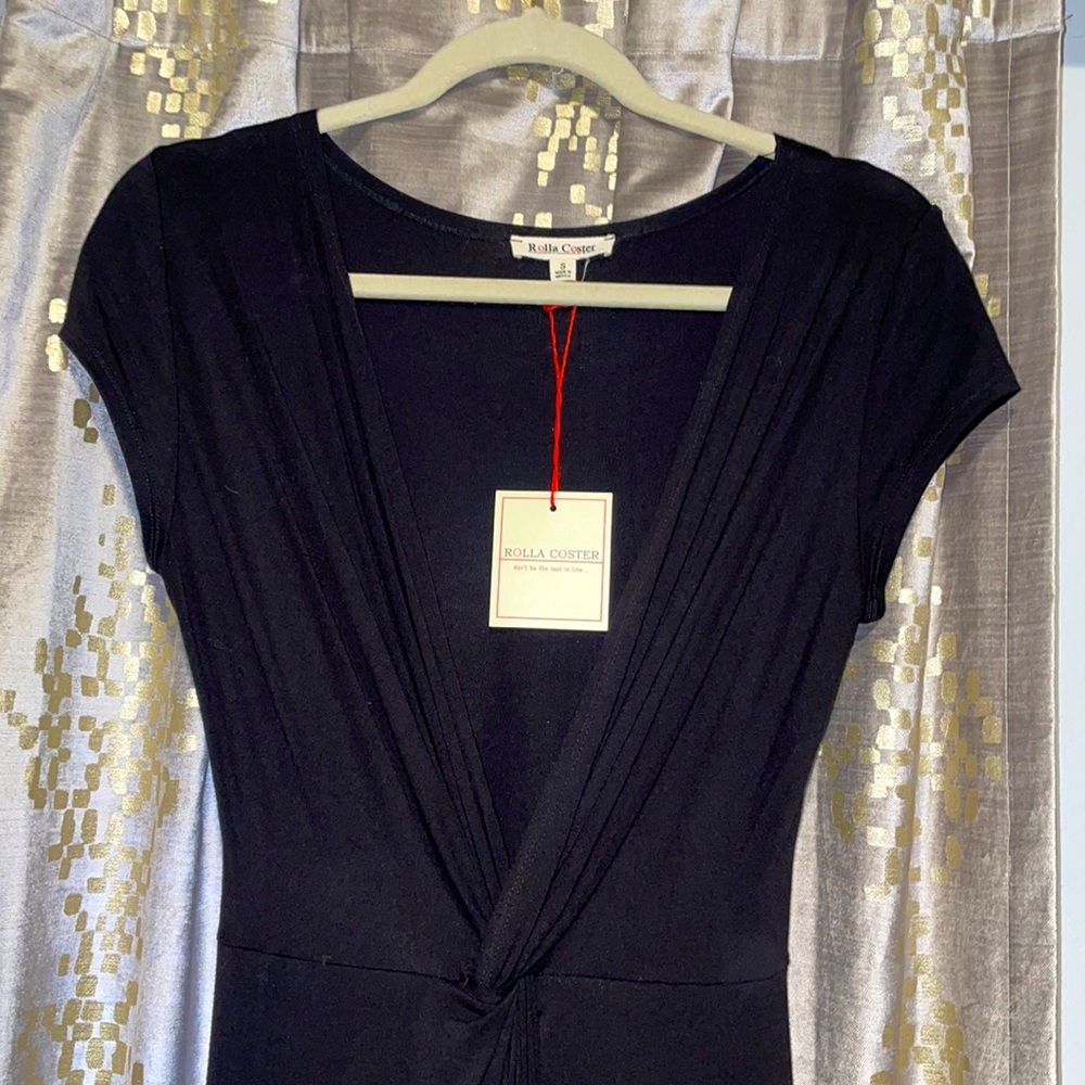 RC: black plunge neck cotton dress with waist knot